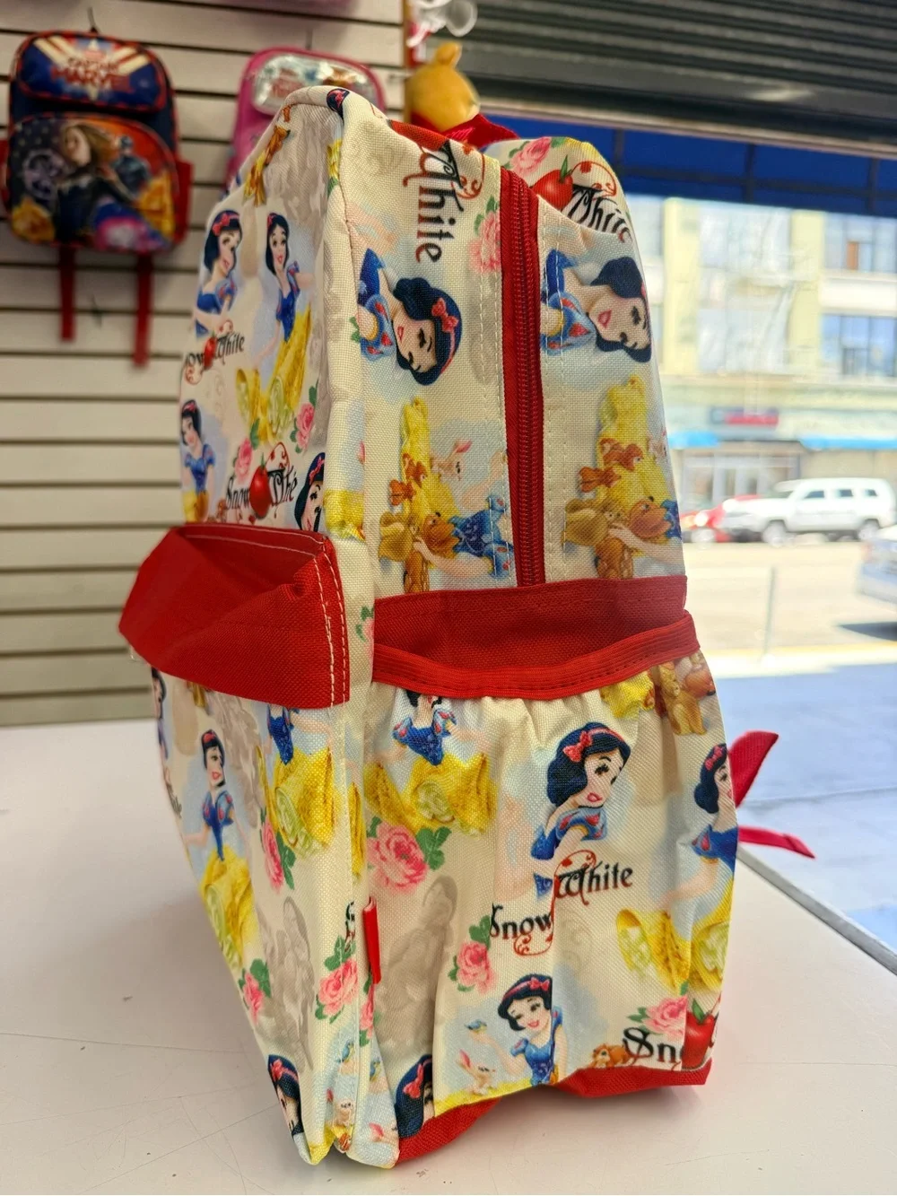 Snow White Print Girls Backpack with Red Accent